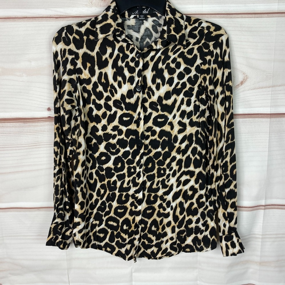 Motel Top Womens Small Black Beige Leopard Button Up Shirt Long Sleeve Collar